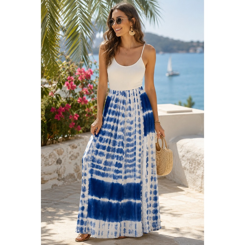 Tie-Dye Maxi Skirt Size Medium Blue White Elastic Waist‎ Boho Beach Coverup
